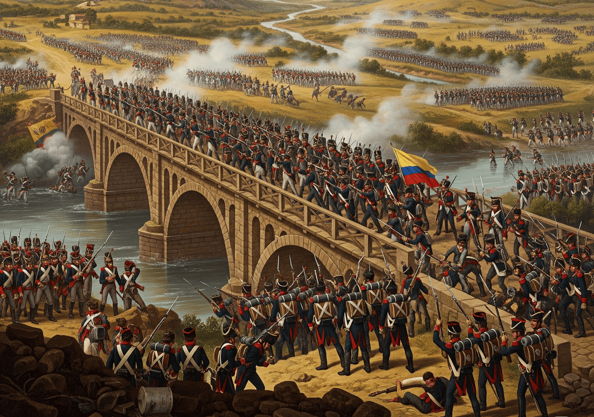 Ilustración de la Batalla de Boyacá con Simón Bolívar y soldados criollos
