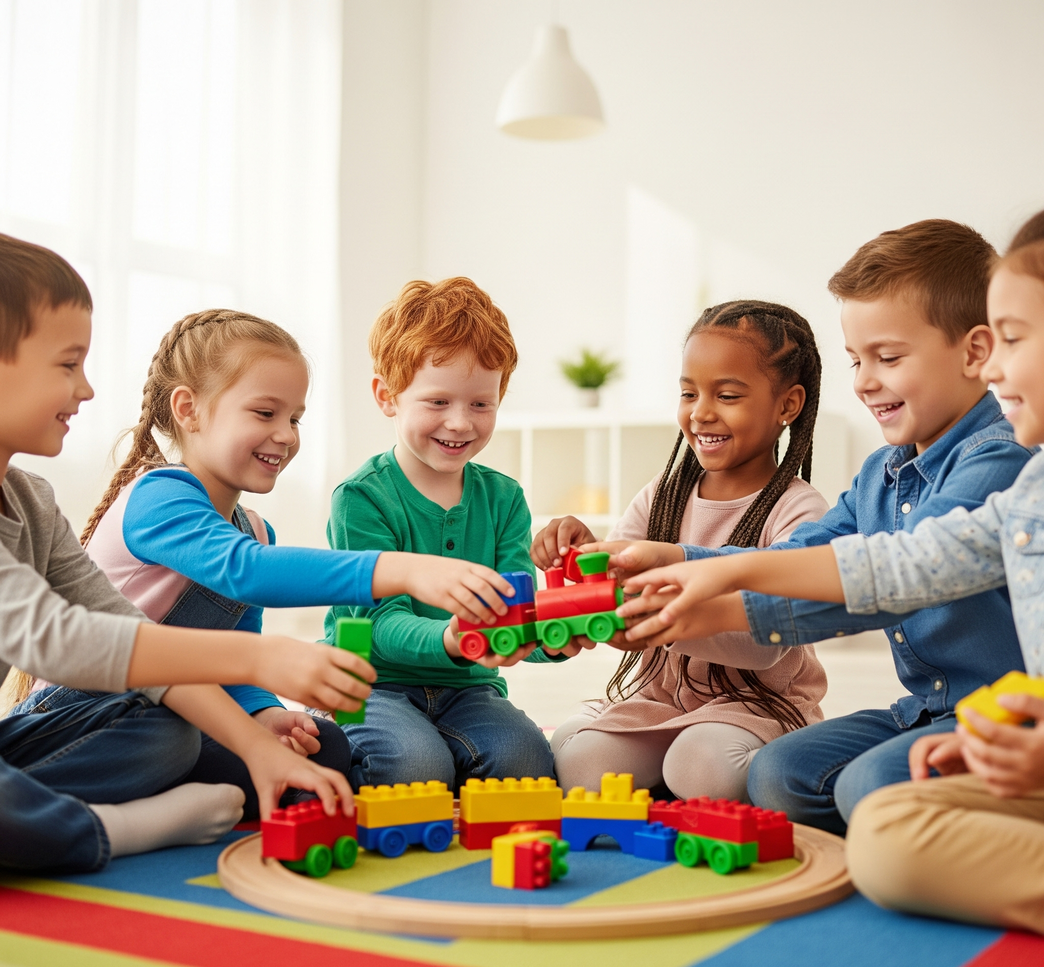 Niños en el aula compartiendo juguetes, ejemplo de respeto escolar